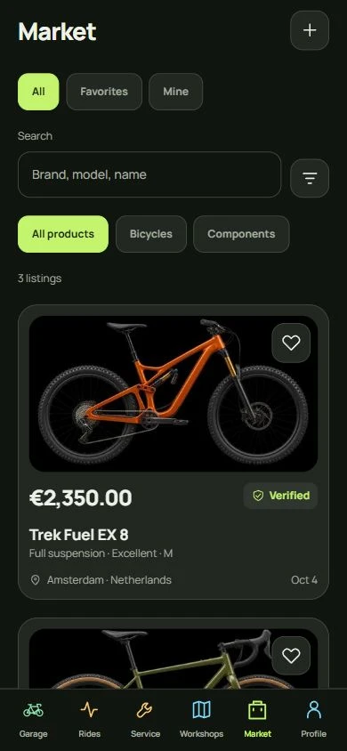 Bike ID market screen in English