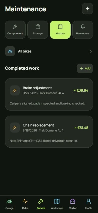 Bike ID service screen in English